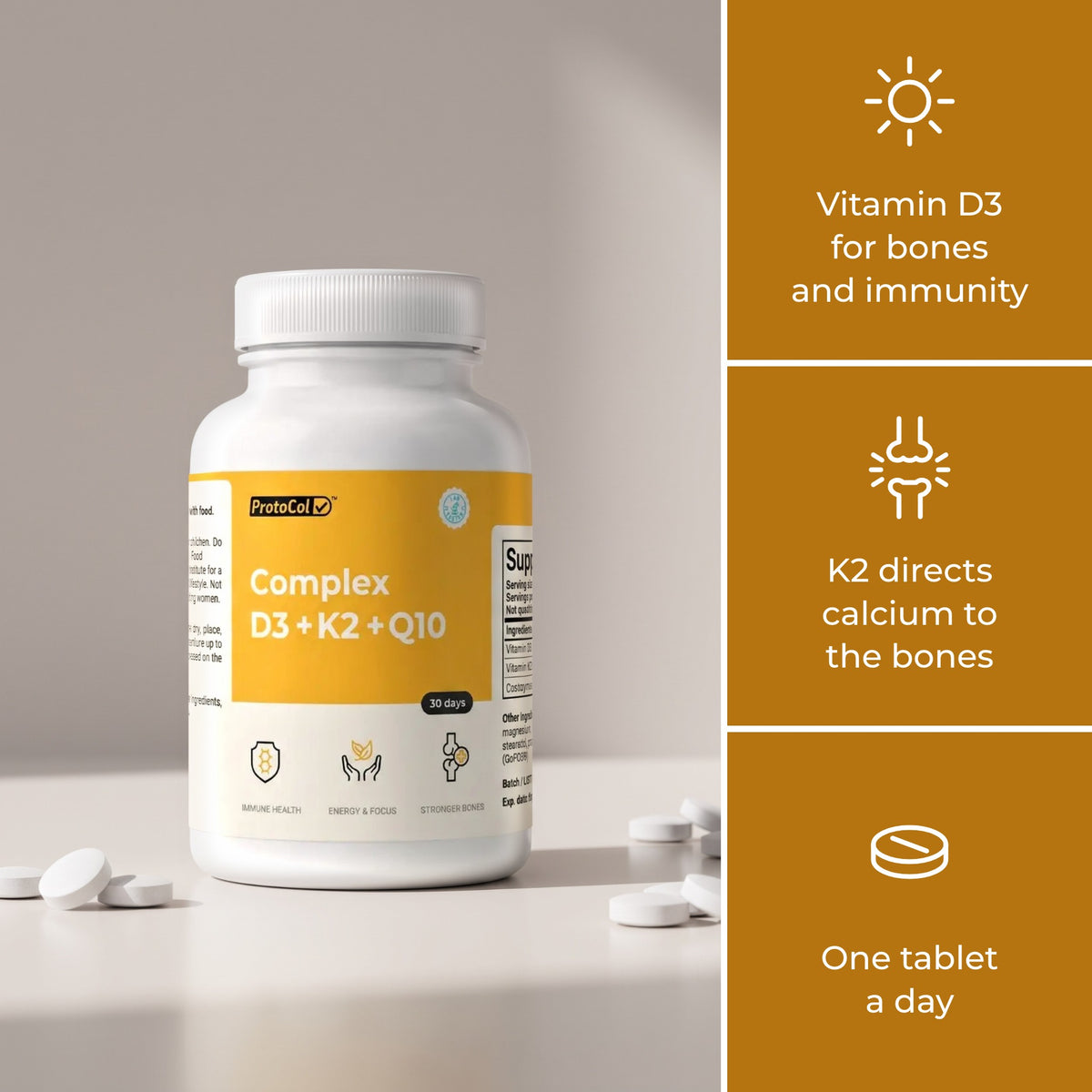 ProtoCol D3 + K2 + Q10: vitamin D3 for bones and immunity, one tablet a day