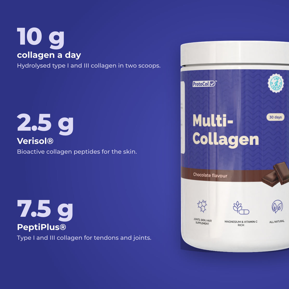 10 g collagen, 2.5 g Verisol® and 7.5 g PeptiPlus® in one dose