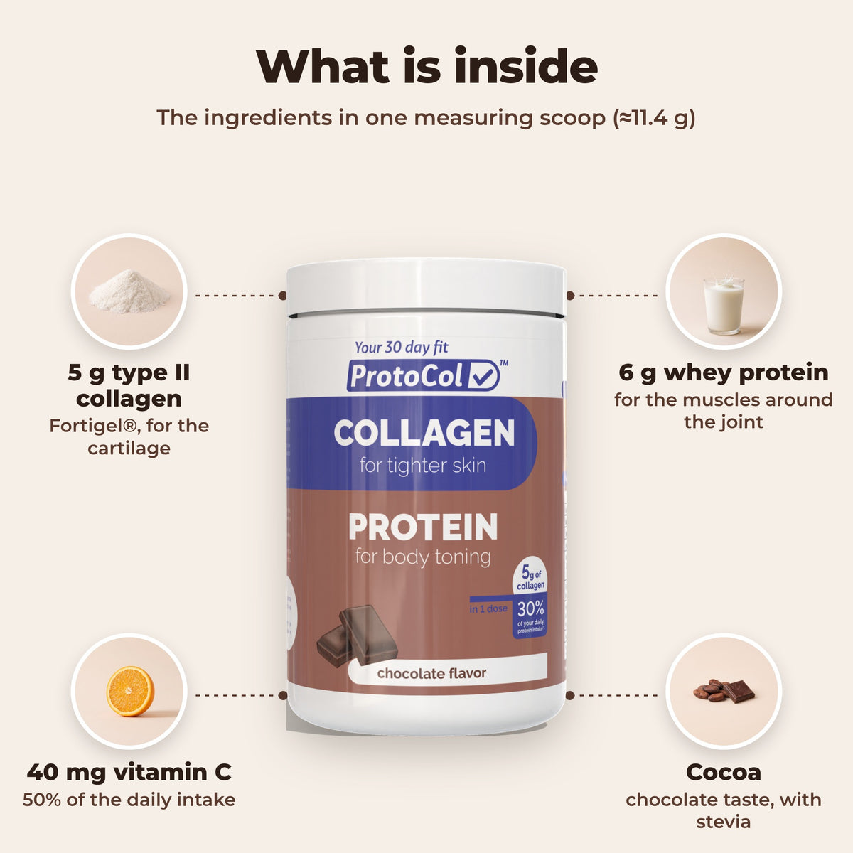 ProtoCol ingredients: type II collagen, whey protein, vitamin C and cocoa