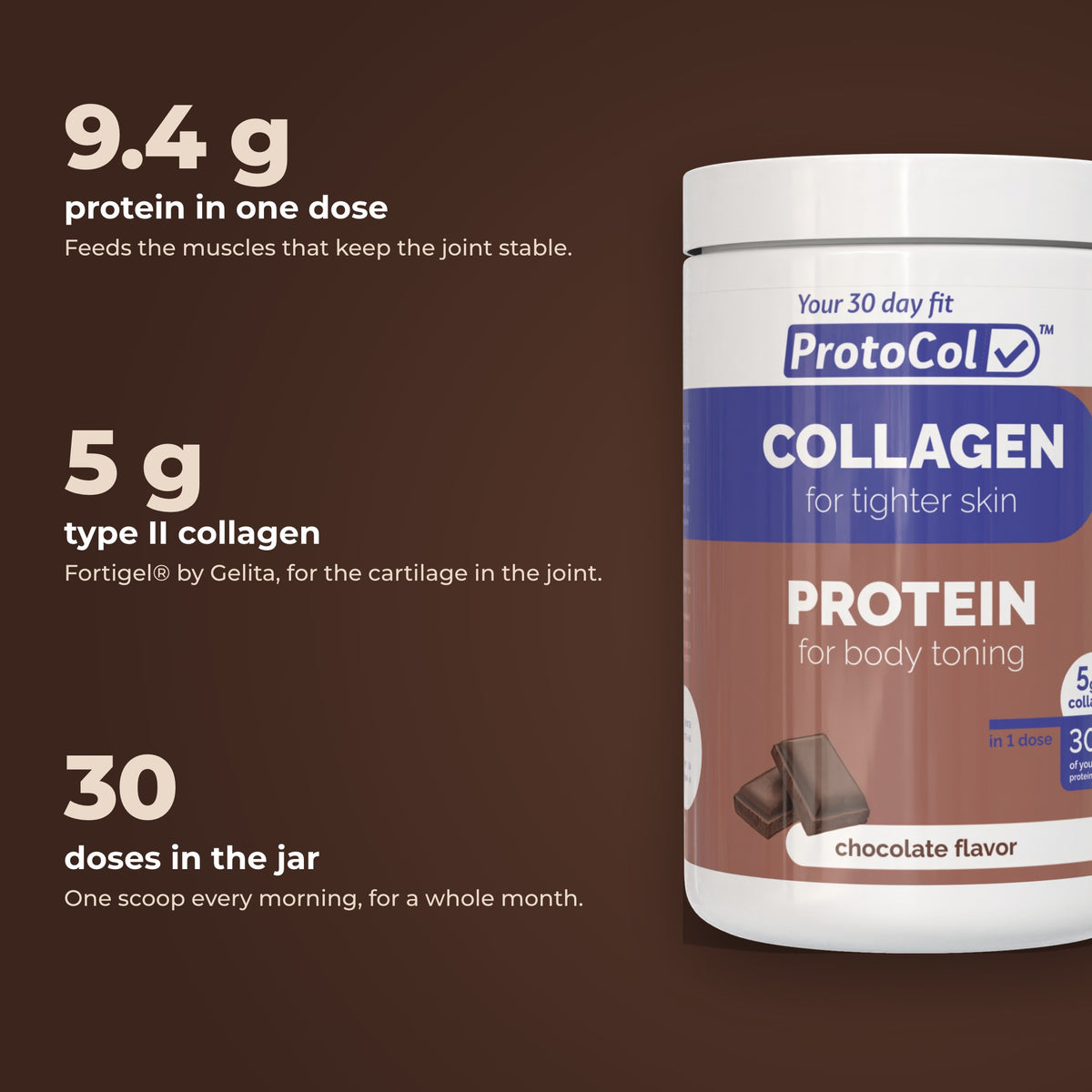 9.4 g protein and 5 g type II collagen in one dose